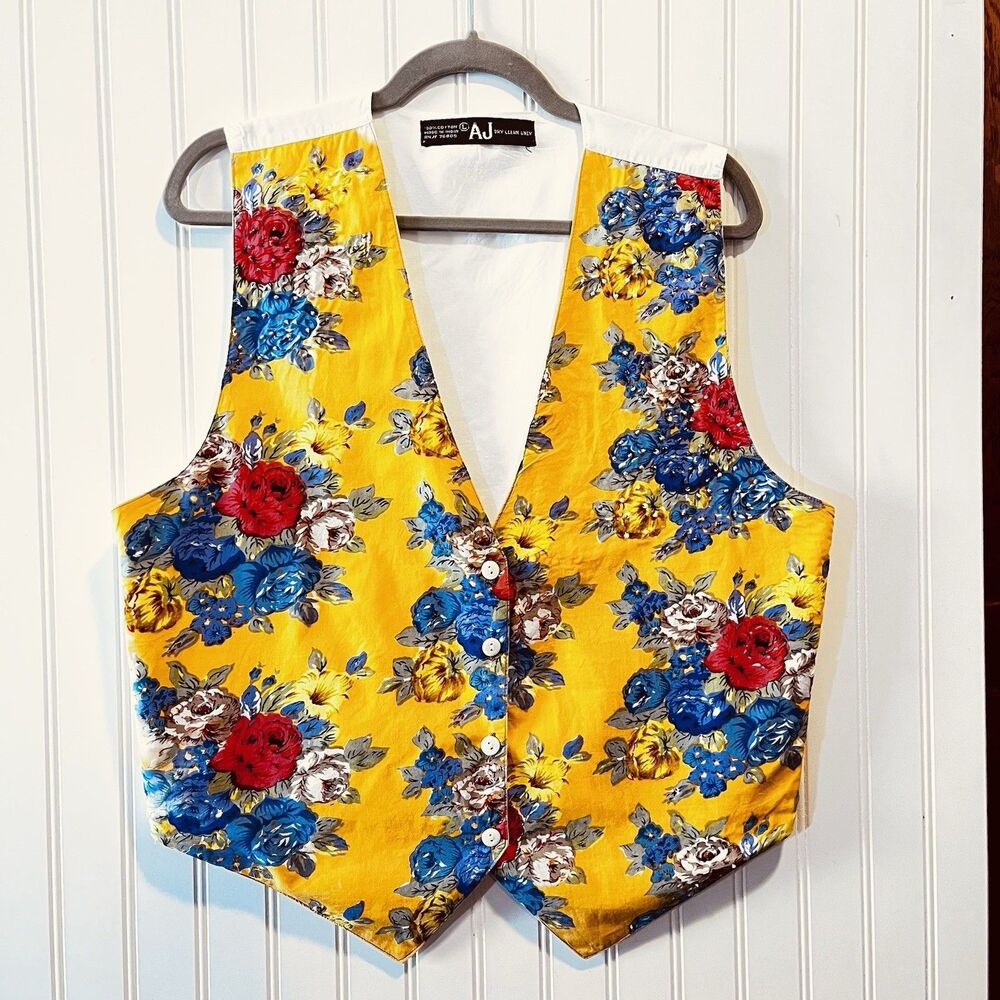 AJ Women’s Vintage Vest Yellow Floral Beaded Button Front Tie Back Cotton Large